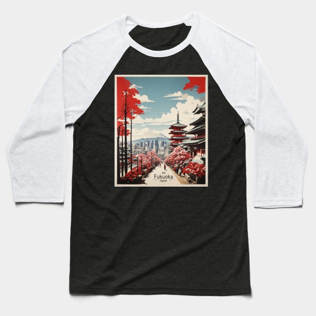 Fukuoka Japan Vintage Poster Tourism 2 Baseball T-Shirt by TravelersGems